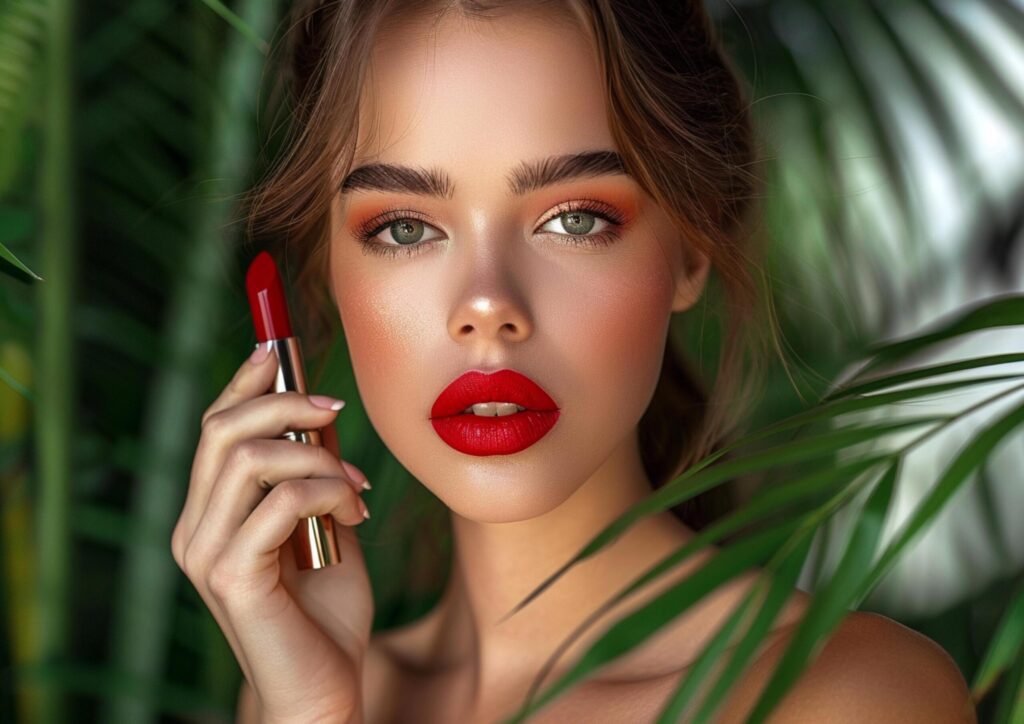 Beautiful girl with red lips and classic makeup with lipstick in hand generated by AI. Free Photo