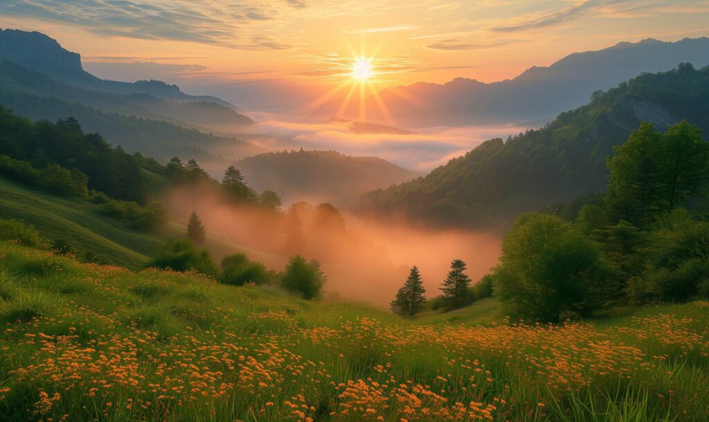 Beautiful Green Hills with Flowers and Sunset Stock Free