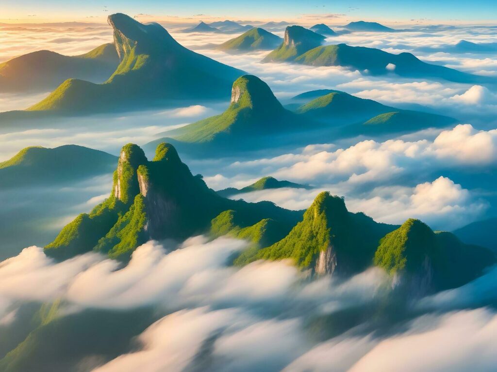 Beautiful natural landscape. Mist floating above the mountains. ai generated Stock Free