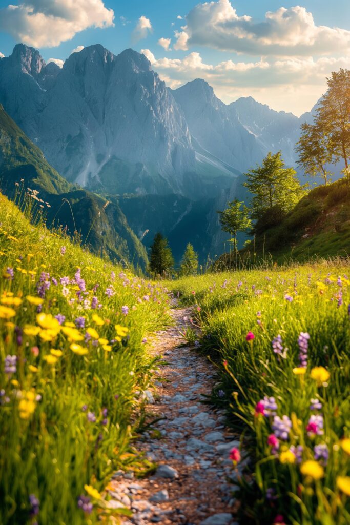 Beautiful Nature Mountain Scenery Path with Flowers Stock Free