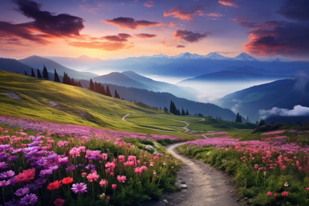 Beautiful Nature Mountain Scenery with Flowers Stock Free