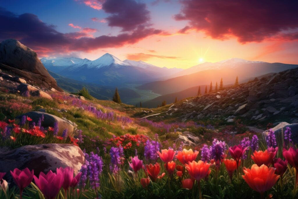 Beautiful Nature Scenery with Flowers in the Mountains Stock Free