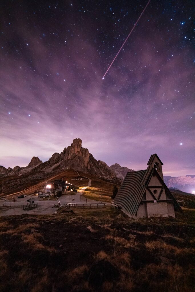 Beautiful Night View of Mountain La Gusela in Dolomites, Italy Free Photo