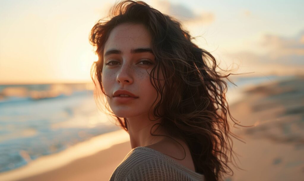 Beautiful Portrait of a Young Brunette on the Beach Stock Free