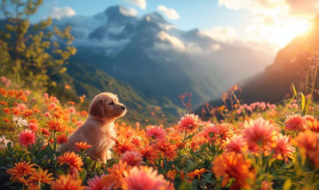 Beautiful Puppy Sitting in Meadow Flowers in Mountain Nature Stock Free