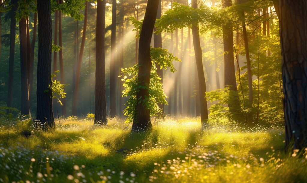 Beautiful Spring Forest with Sun Rays and First Flowers Stock Free