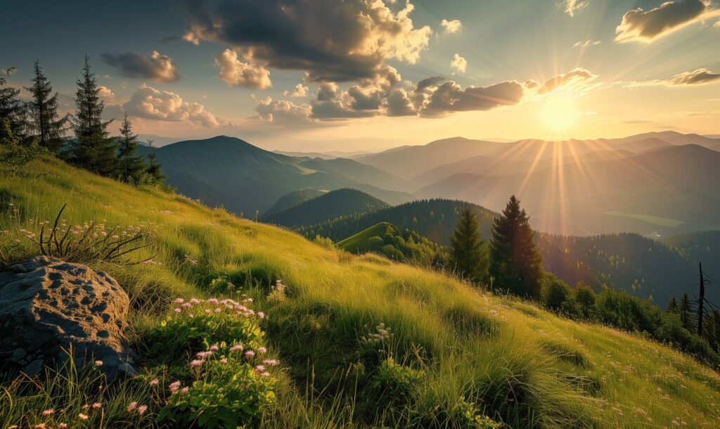 Beautiful Spring Summer Day in Green Nature Mountains Stock Free