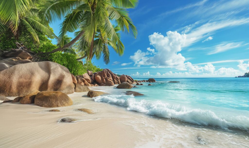 Beautiful Summer Seychelles Beach with Palms and Rocks Stock Free