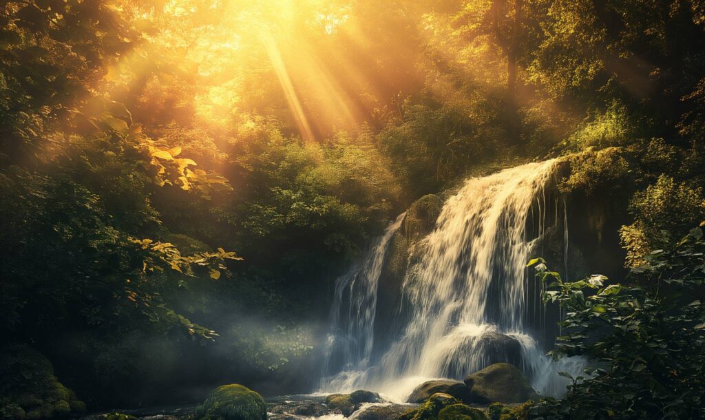 Beautiful Waterfall in Sunny Jungle Forest Stock Free