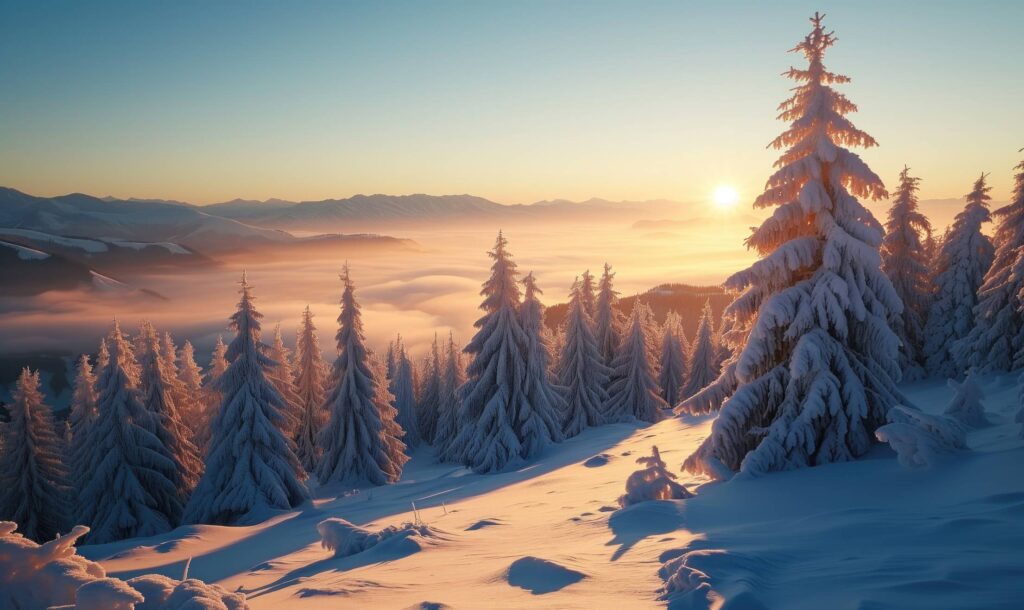 Beautiful Winter Mountain Scenery Sunset with Snow Covered Trees and Inversion Stock Free