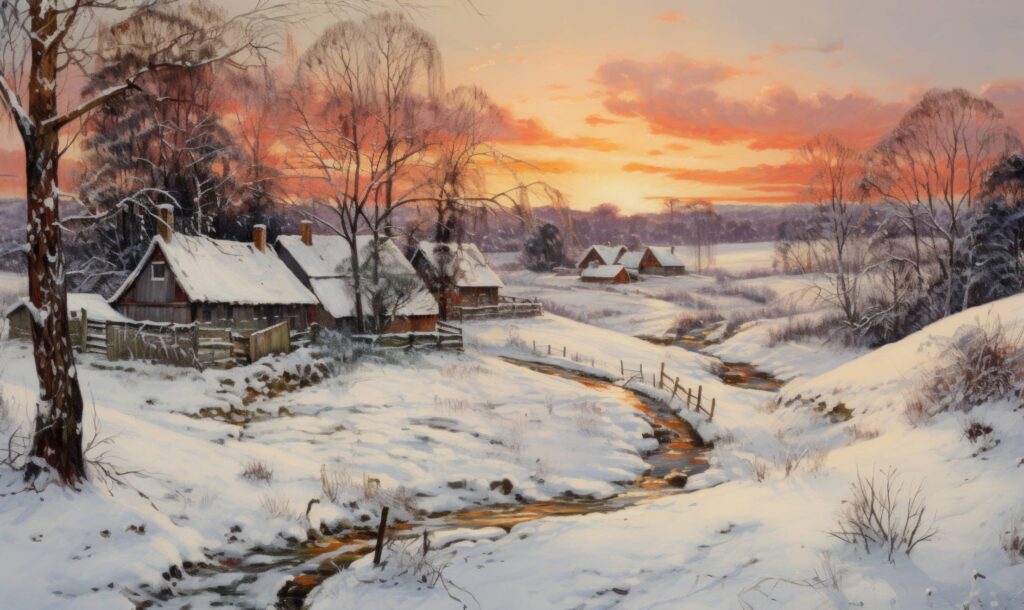 Beautiful Winter Village Under Heavy Snow with Amazing After Sunset Sky Stock Free