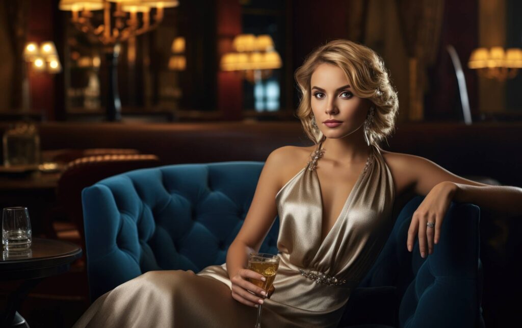 Beautiful Woman in Expensive Dress Sitting in Upscale Hotel Lobby Bar Stock Free