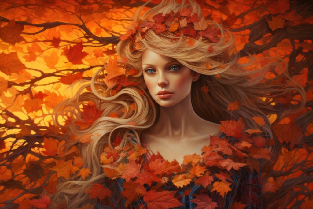 Beauty of Fall Digital Art Young Model Woman with Brown Autumn Leaves Stock Free