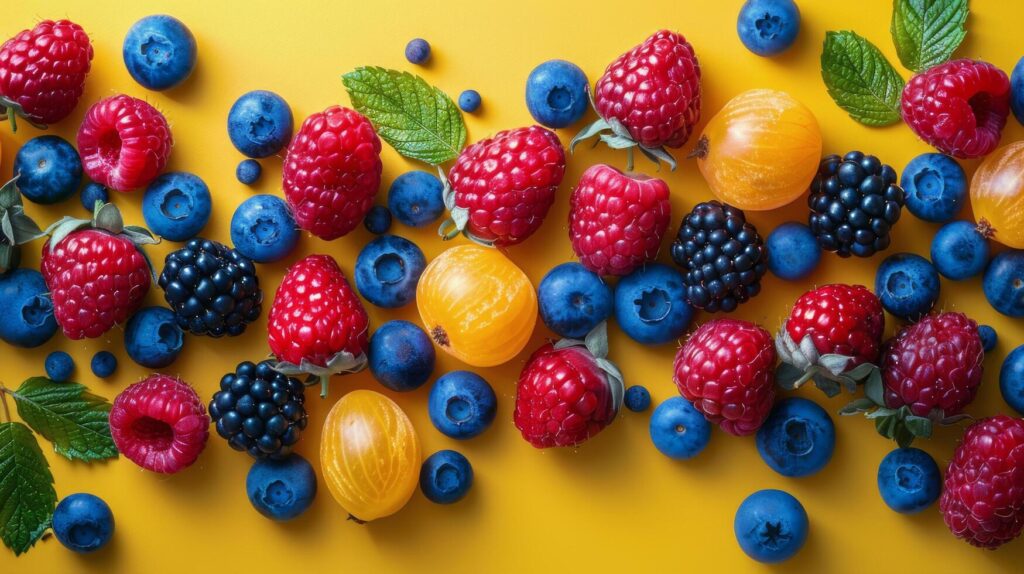 Berries, Raspberries, and Blueberries Arranged on Yellow Background Stock Free