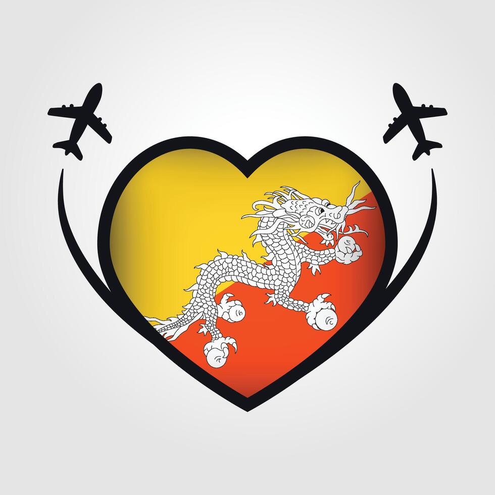 Bhutan Travel Heart Flag With Airplane Icons Stock Free