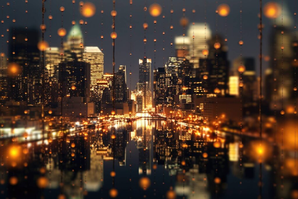 Big City at Night with Golden Decorations Stock Free