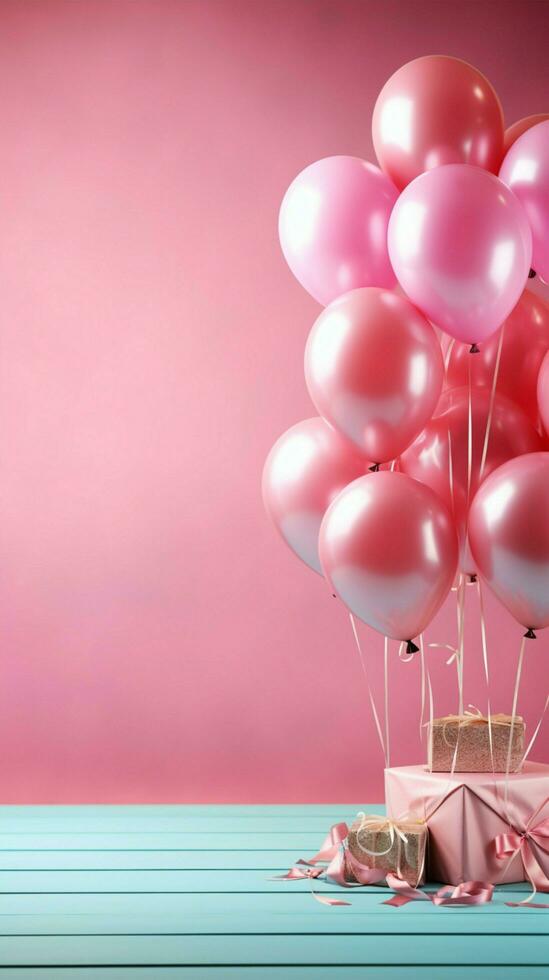 Birthday bliss, pink backdrop adorned with 3D pastel balloons, offering copy space Vertical Mobile Wallpaper AI Generated Stock Free