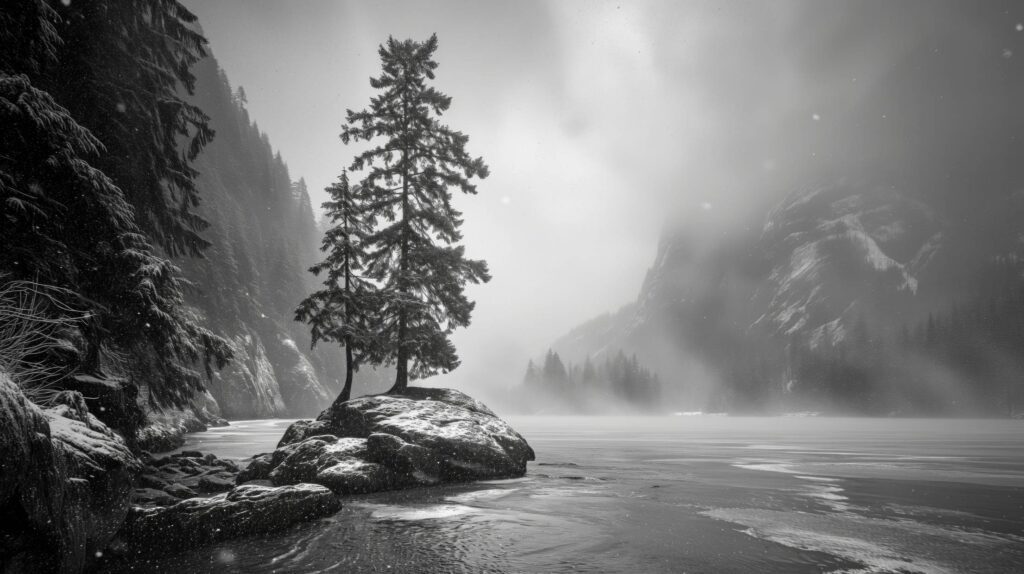 Black and White Nature Photo of Fog over a Lake in Winter Stock Free