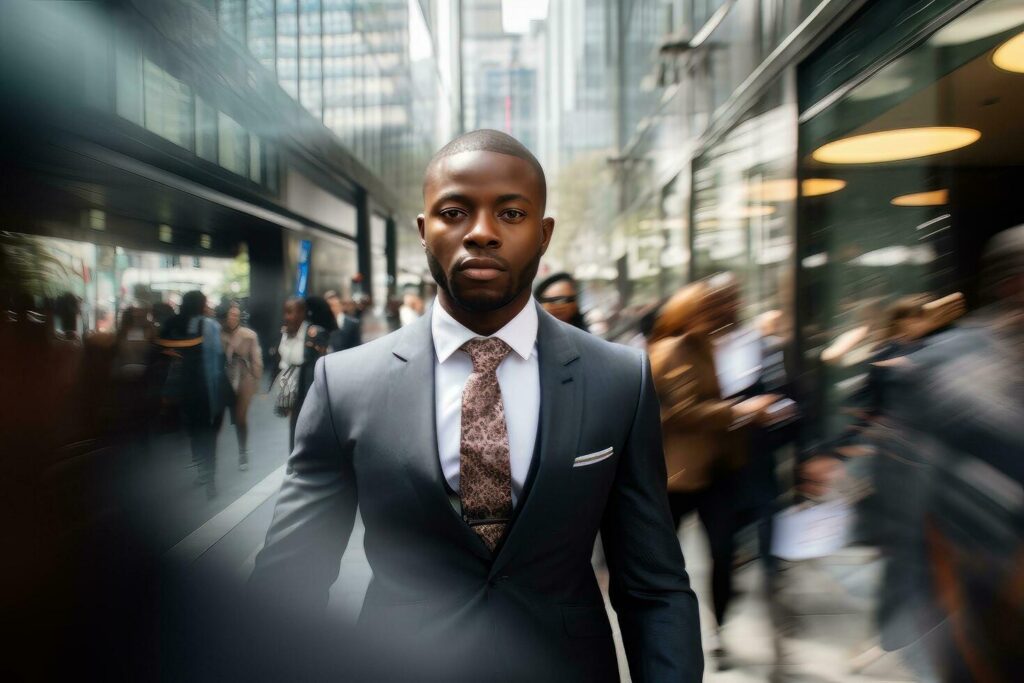 Black Businessman Walking in Modern City, Handsome Man Walks on a Crowded Pedestrian Street, African Manager Surrounded by Blur People on Busy Street. Stock Free