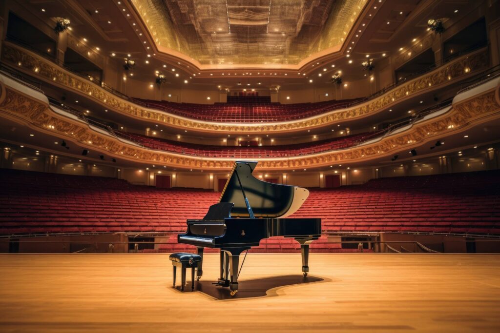 Black Piano in the Theatre Hall Stock Free