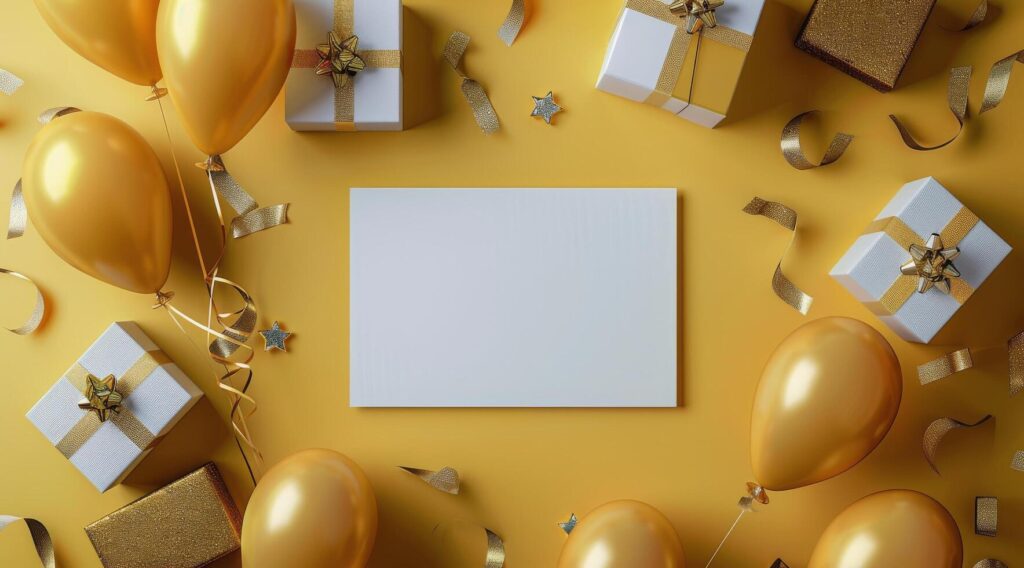 Blank Card Surrounded by Gold Balloons and Gifts on a Yellow Background Stock Free