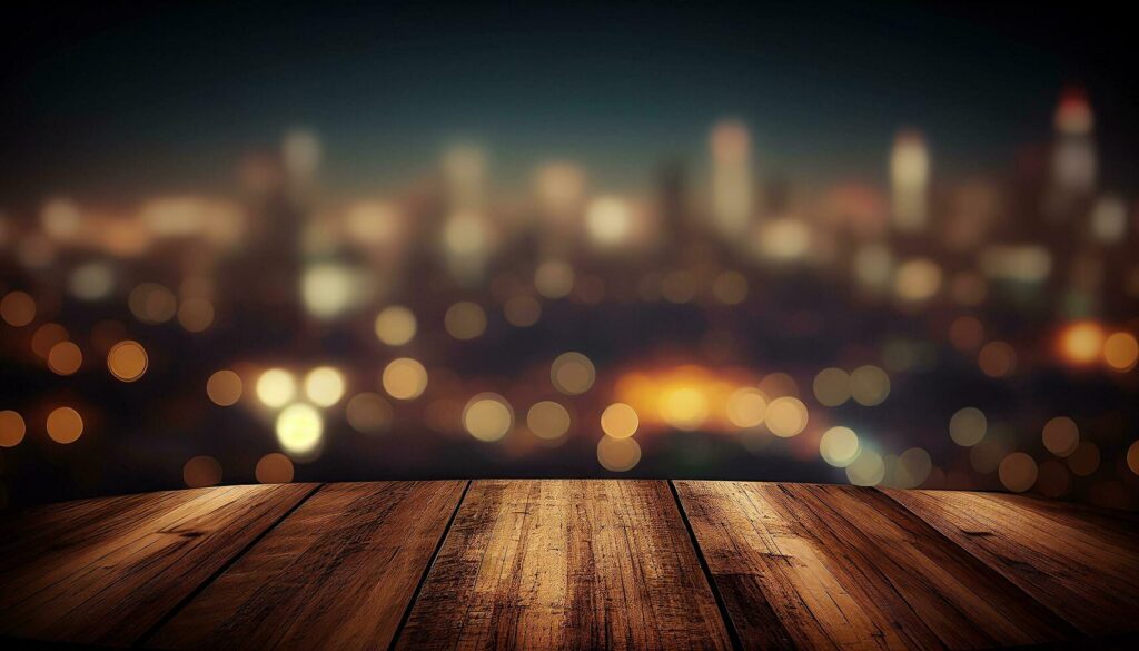 Blank empty wooden tabletop over blur city night view background, mock up and montage for product, AI Generated Stock Free