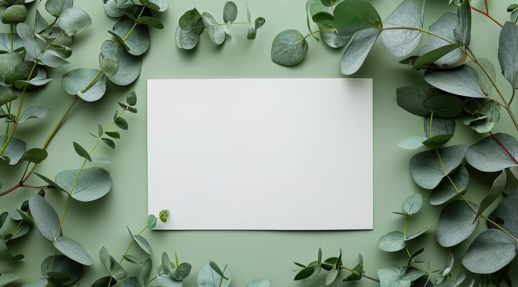 Blank White Paper Card Surrounded by Eucalyptus Leaves on Teal Background Stock Free