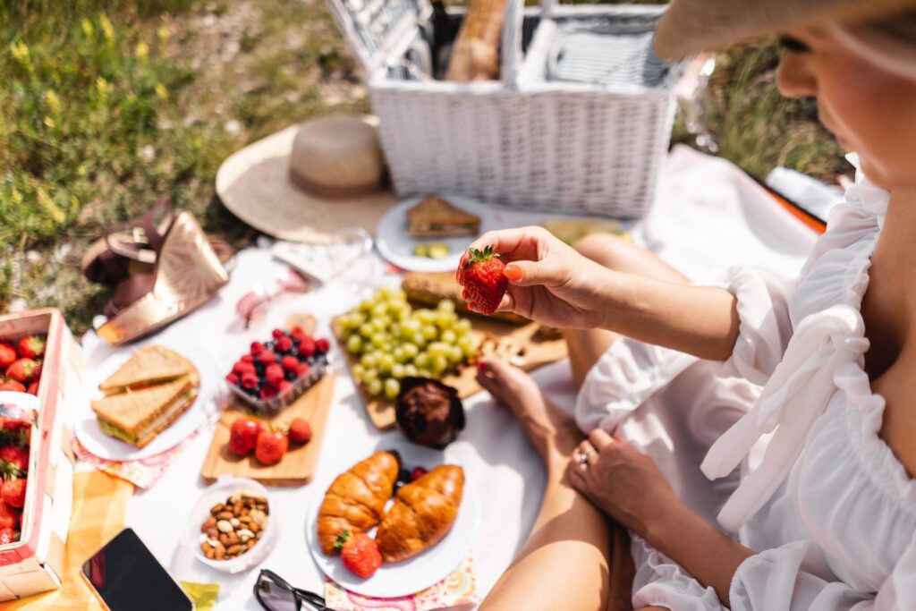 Blanket with Food Prepared for Summer Picnic Outdoors Free Photo