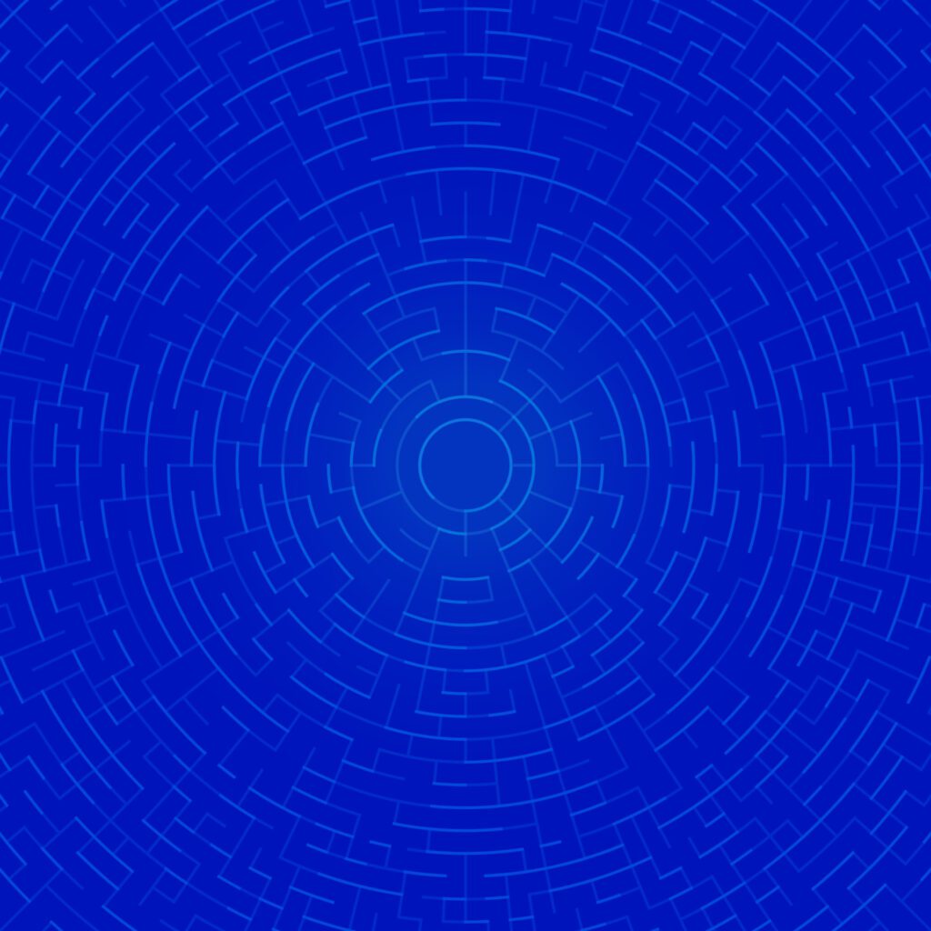 Blue abstract background with circular maze labyrinth lines Free Vector