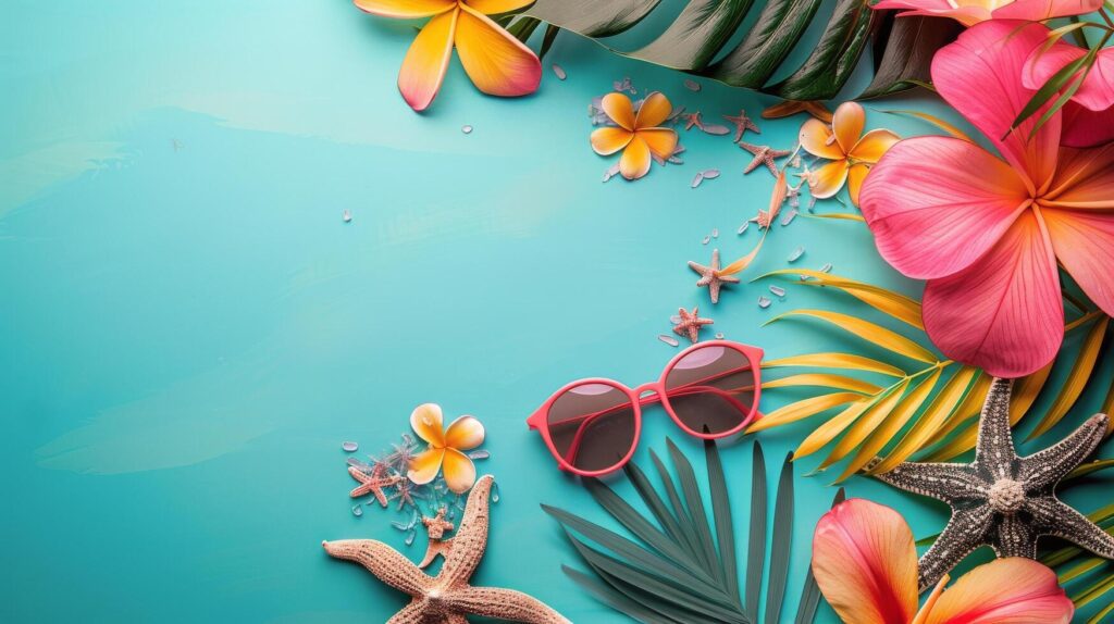 Blue Background With Flowers, Sunglasses, and Starfish Stock Free