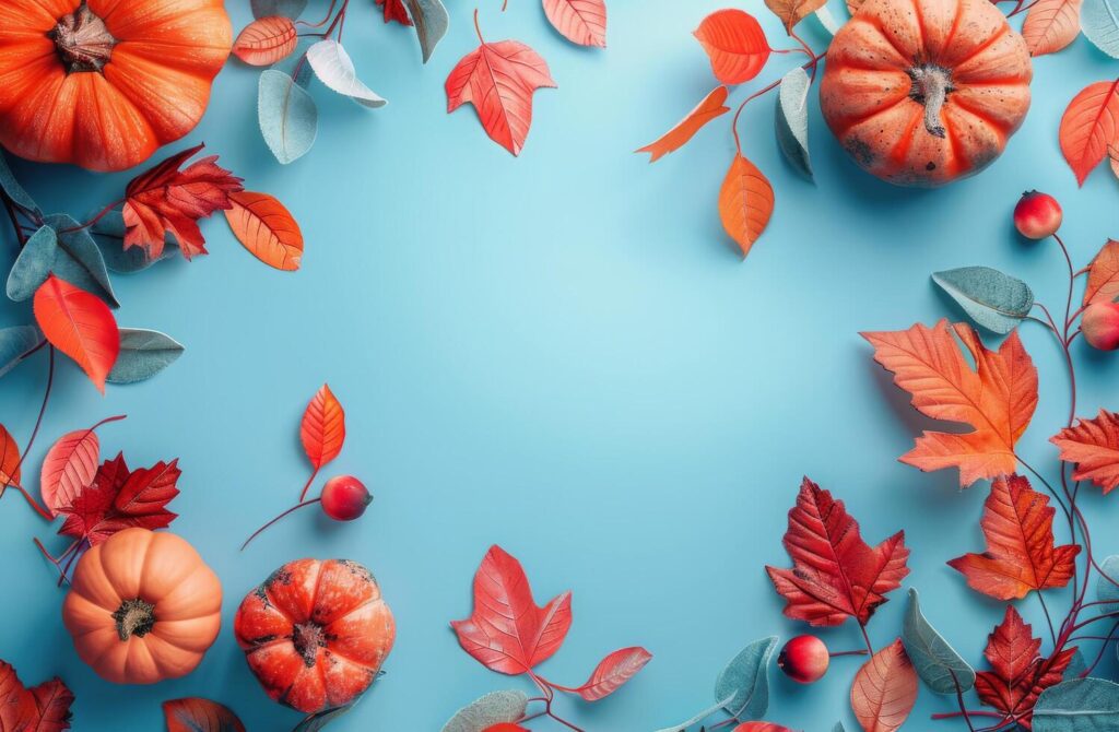 Blue Background With Pumpkins, Leaves, and Berries Stock Free