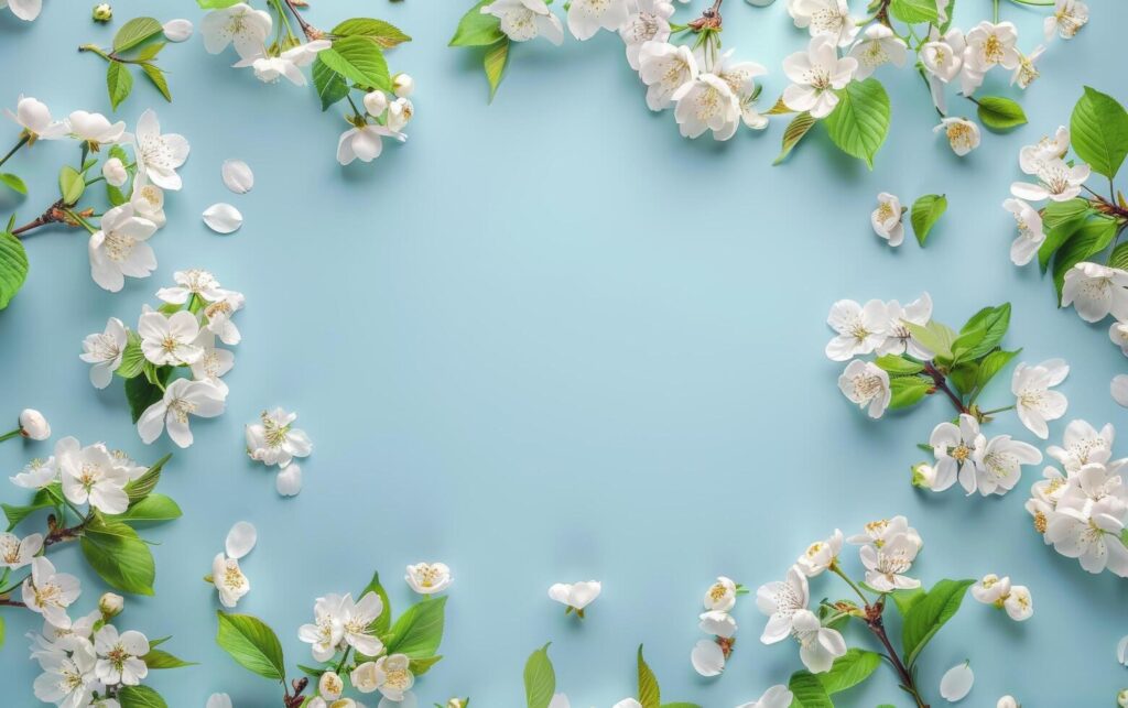 Blue Background With White Flowers and Leaves Stock Free