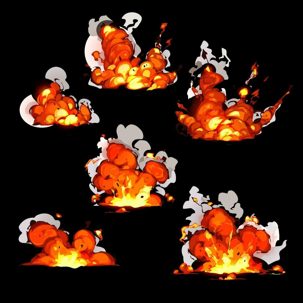 bomb explosion, fire set. Boom clouds and smoke elements for ui game design. Dangerous explosive detonation, atomic comics detonators for mobile animation, isolated vector icons, Cartoon dynamite. Stock Free