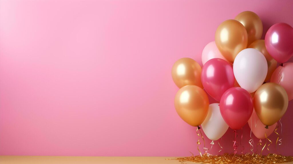 bouquets of gold and pink helium balloons on pink background, AI Generative Stock Free