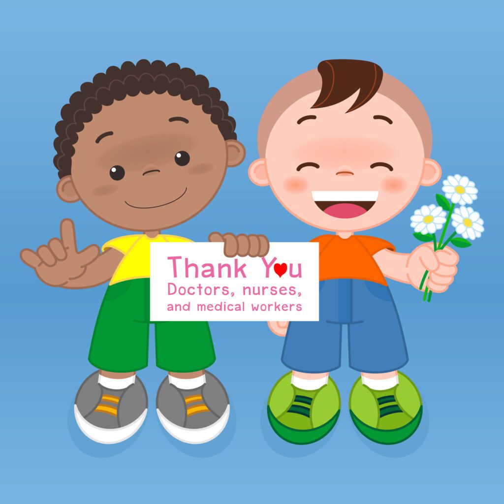 Boys holding signs and give flower Thank you Doctors, Nurses and Medical workers in hospitals fighting the coronavirus, Vector illustration background for design Free Vector