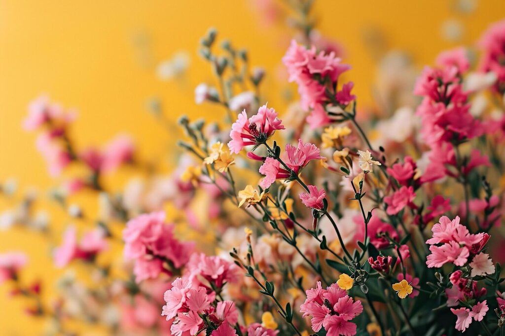 Branches blooming with pink flowers on a yellow background. Generated by artificial intelligence Stock Free