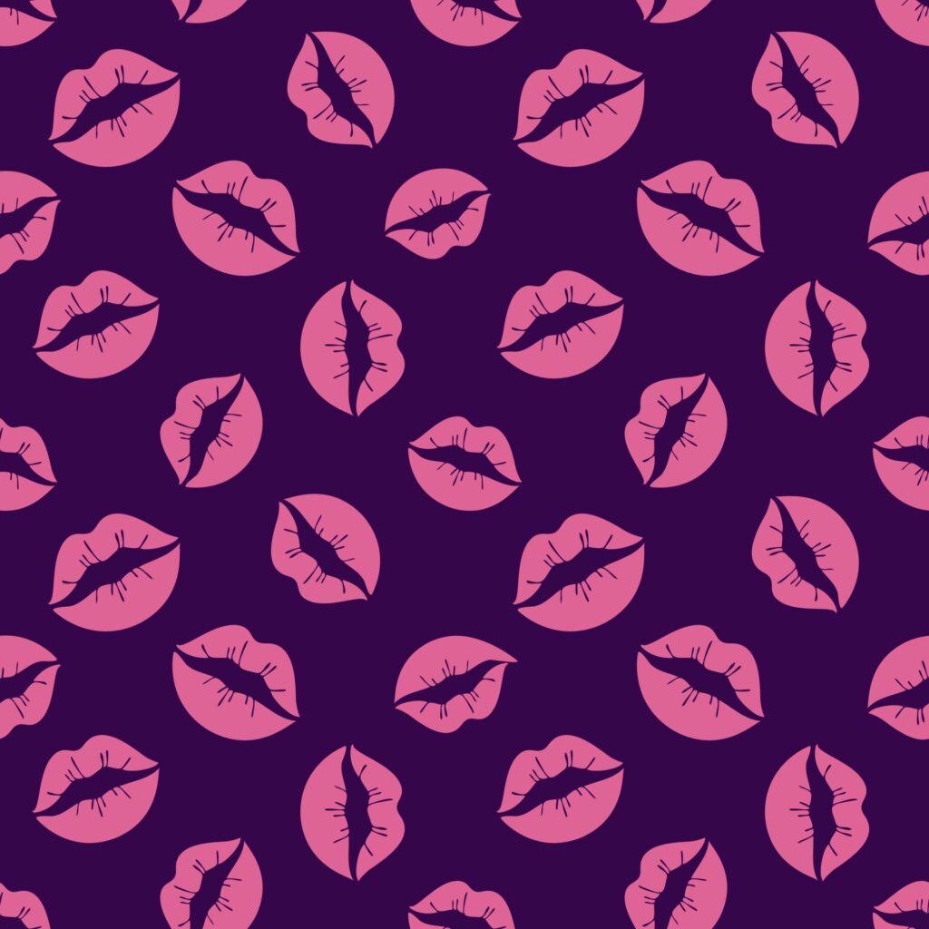 Bright pink lips seamless pattern. Valentines day, pink lips, kisses on a dark background. Vector flat illustration Free Vector