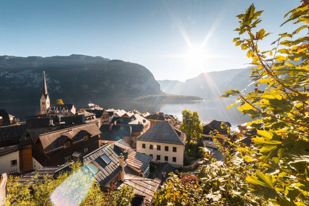 Bright Sunbeams Above Houses in Hallstatt, Austria Free Photo