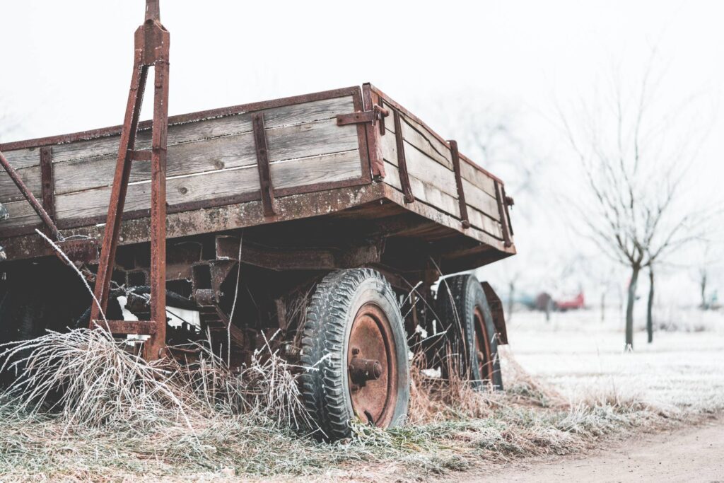 Broken Trailer under Hoarfrost Free Photo