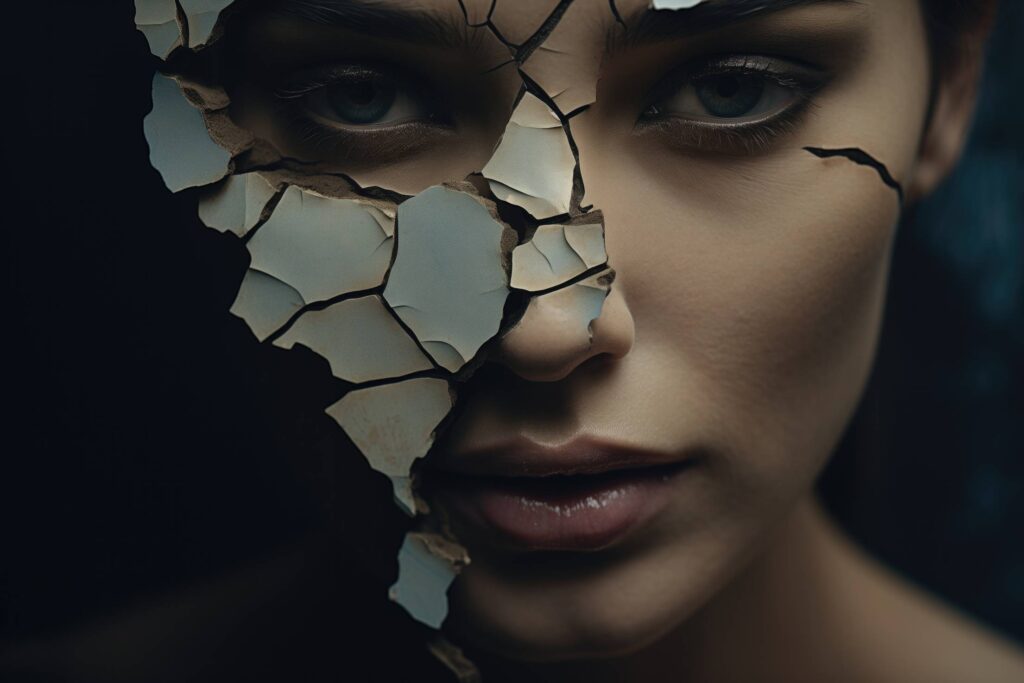 Broken Woman Face Portrait Falling into Pieces Stock Free