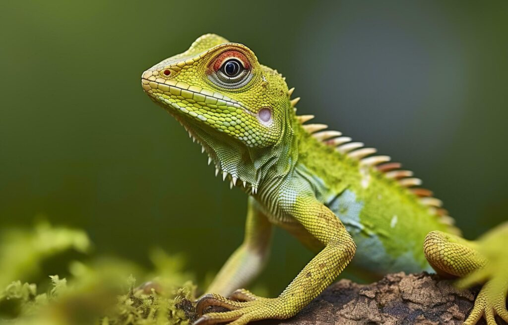 Bronchocela cristatella, also known as the green crested lizard. Generative AI Free Photo