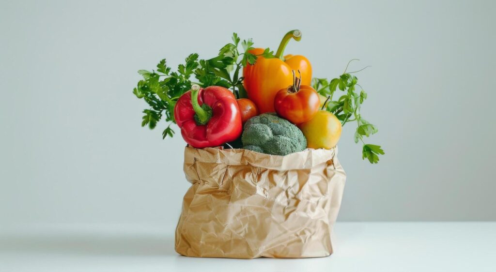 Brown Paper Bag Filled With Fresh Produce on White Background Stock Free