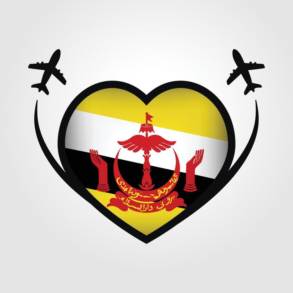 Brunei Travel Heart Flag With Airplane Icons Stock Free