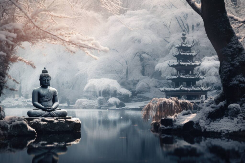 Buddha Statue in Frozen Winter Scenery Stock Free