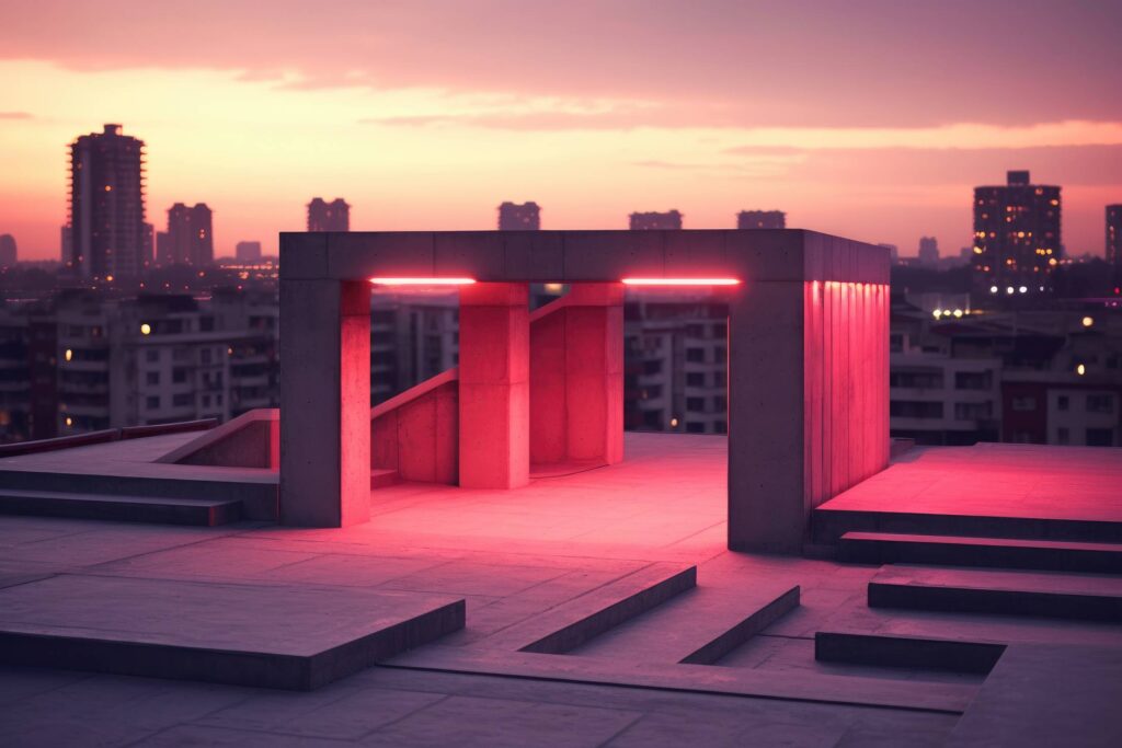 Building Rooftop Concrete Construction with Evening Neon Lights Stock Free