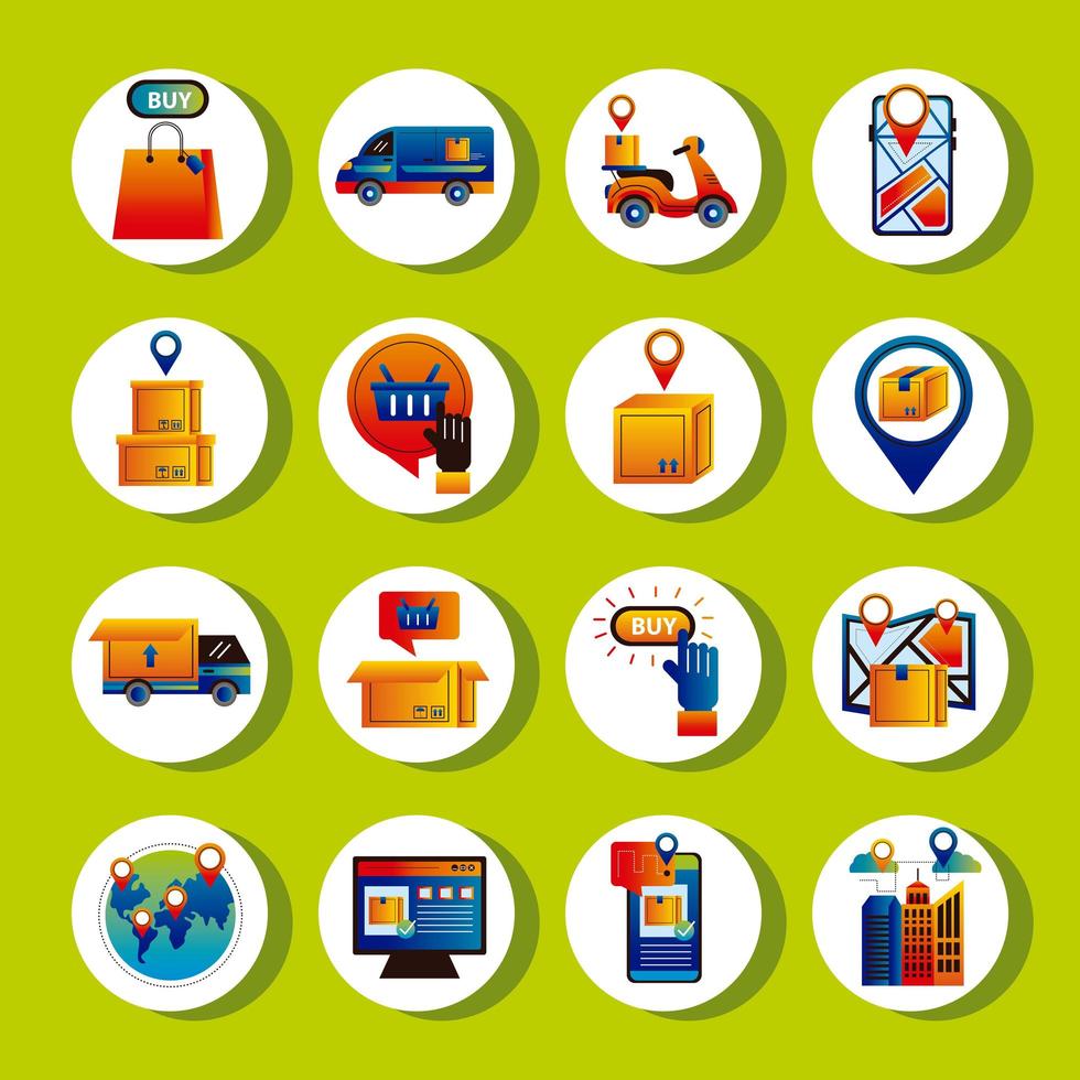 bundle of sixteen online delivery service set icons Stock Free