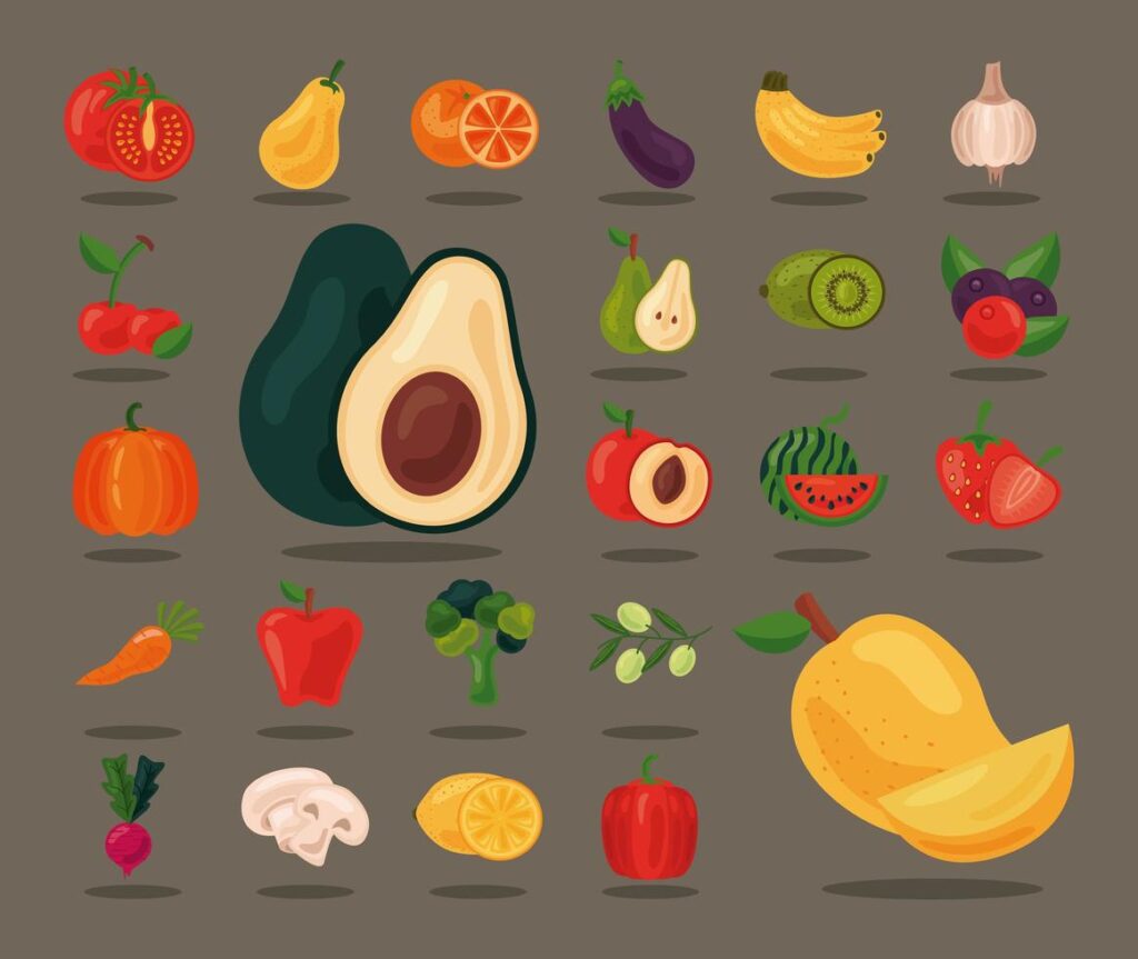 bundle of twenty four fresh fruits and vegetables, healthy food icons Stock Free