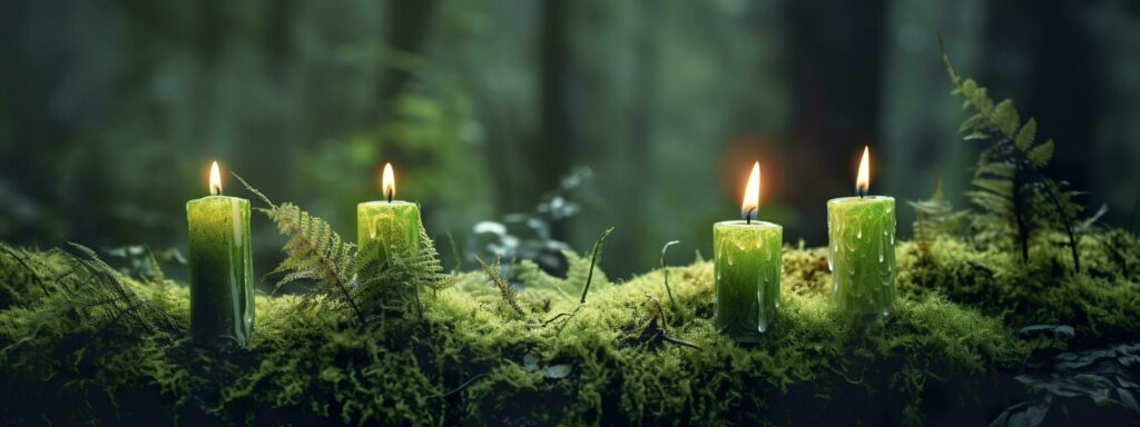 Burning candles on moss, dark green blurred the natural background. Magic candle. Generative AI Stock Free