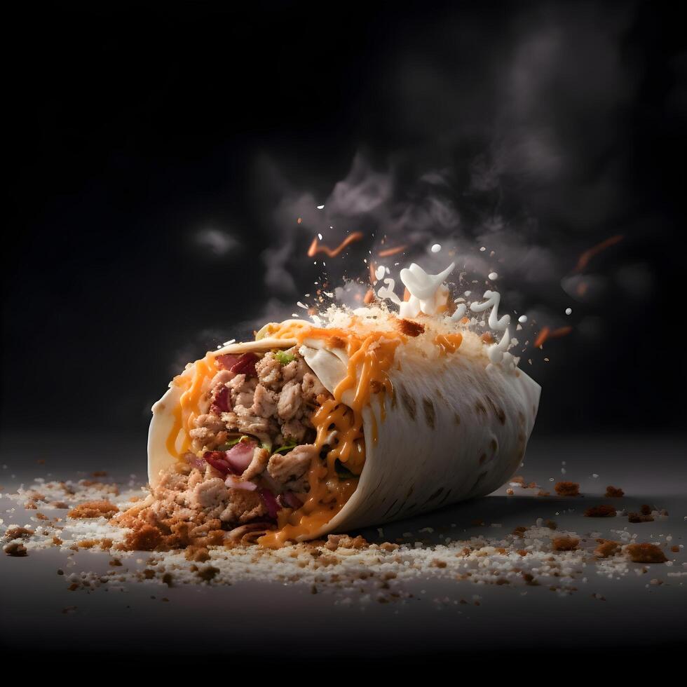 Burrito with meat, vegetables and cheese on a black background., Image Stock Free