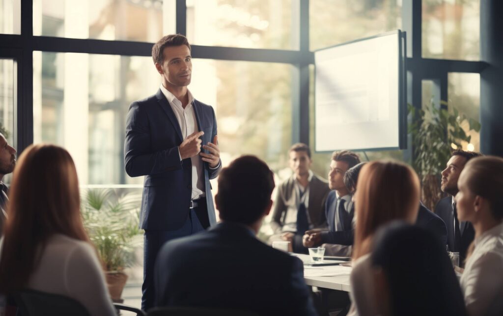 Business Man Team Leader Boss Speaking at Company Team Meeting Stock Free